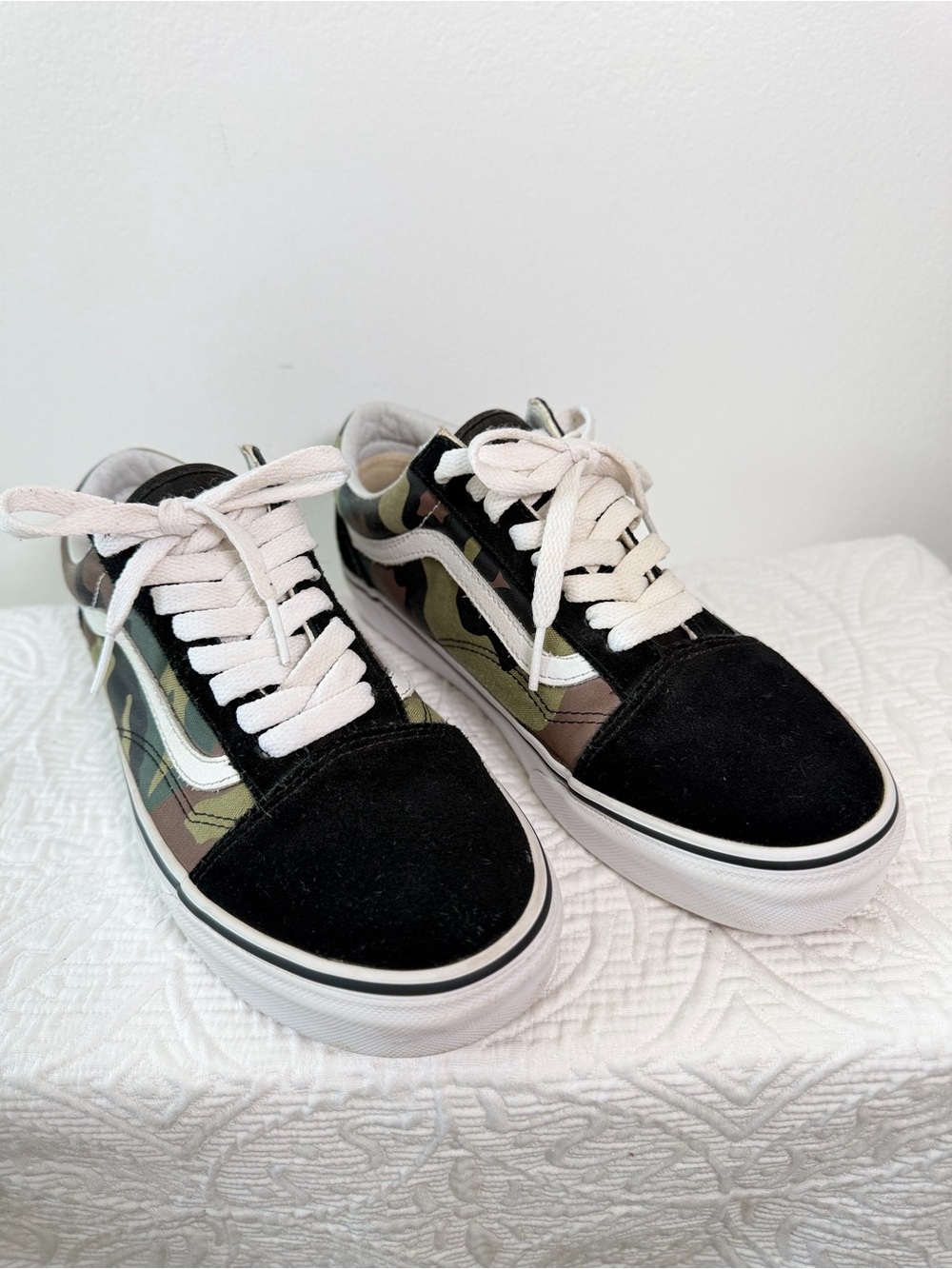 Vans Old Skool Camo Sneakers Black Suede Canvas Womens 8.5 Mens 7
